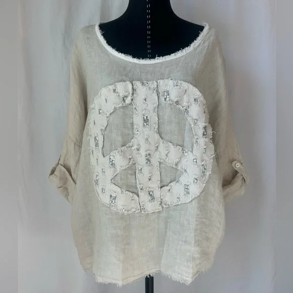 Marisima Linen Boho Chic Peace Sign Womens Top Made in Italy OS NWOT - Picture 1 of 10